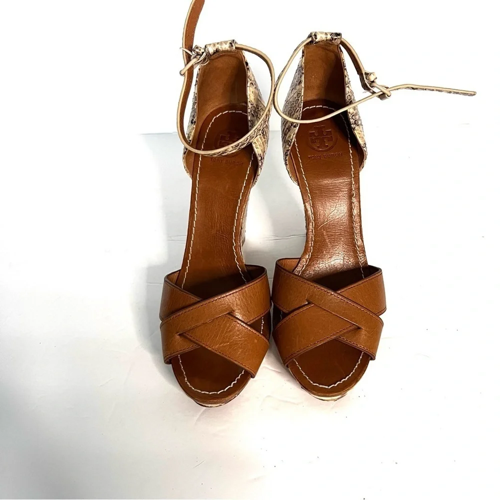 Tory Burch genuine snakeskin wedge brown leather heels